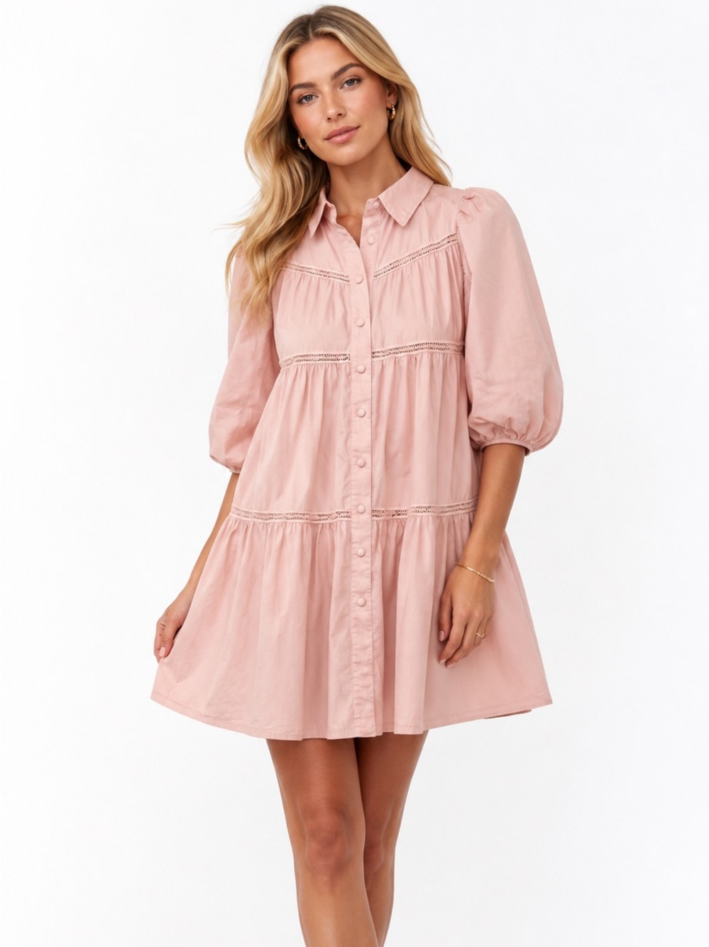 Ivy City Co Jojo Blush Pink Mini Babydoll Shirtdress Size XXS
